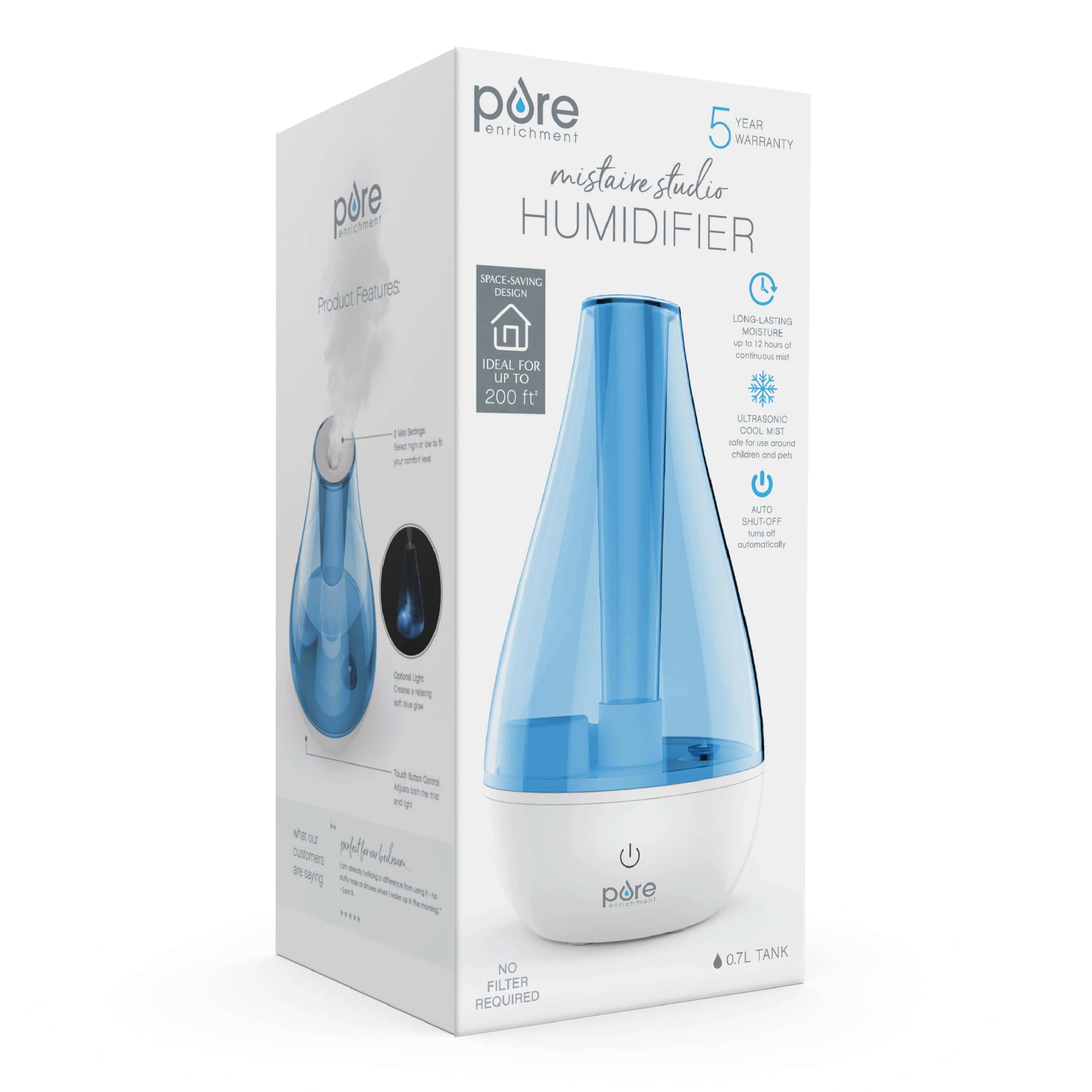 Pure Enrichment MistAire Studio Ultrasonic Cool Mist Humidifier - Small & Compact, Overnight Operation, 2 Mist Settings