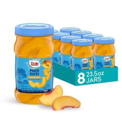 Dole Fruit Jars, Yellow Cling Sliced Peaches in 100% Fruit Juice, Gluten Free, Pantry Staples, 23.5 Oz Resealable Jars, (Pack of 8)