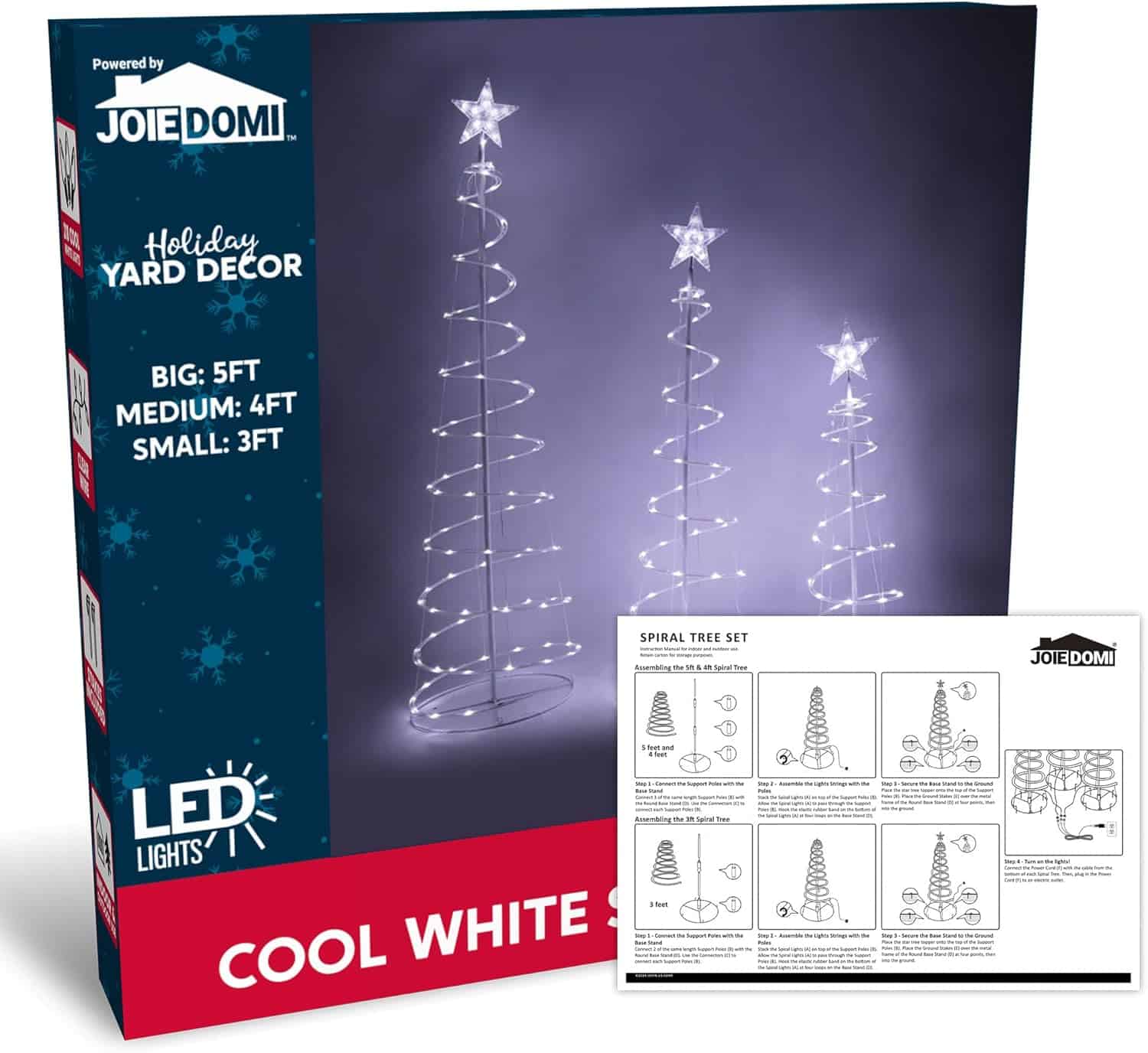 JOIEDOMI 3 Packs Christmas Spiral Tree Yard Light 218 Pre-Lit LED Cool White Lights with Metal Stakes