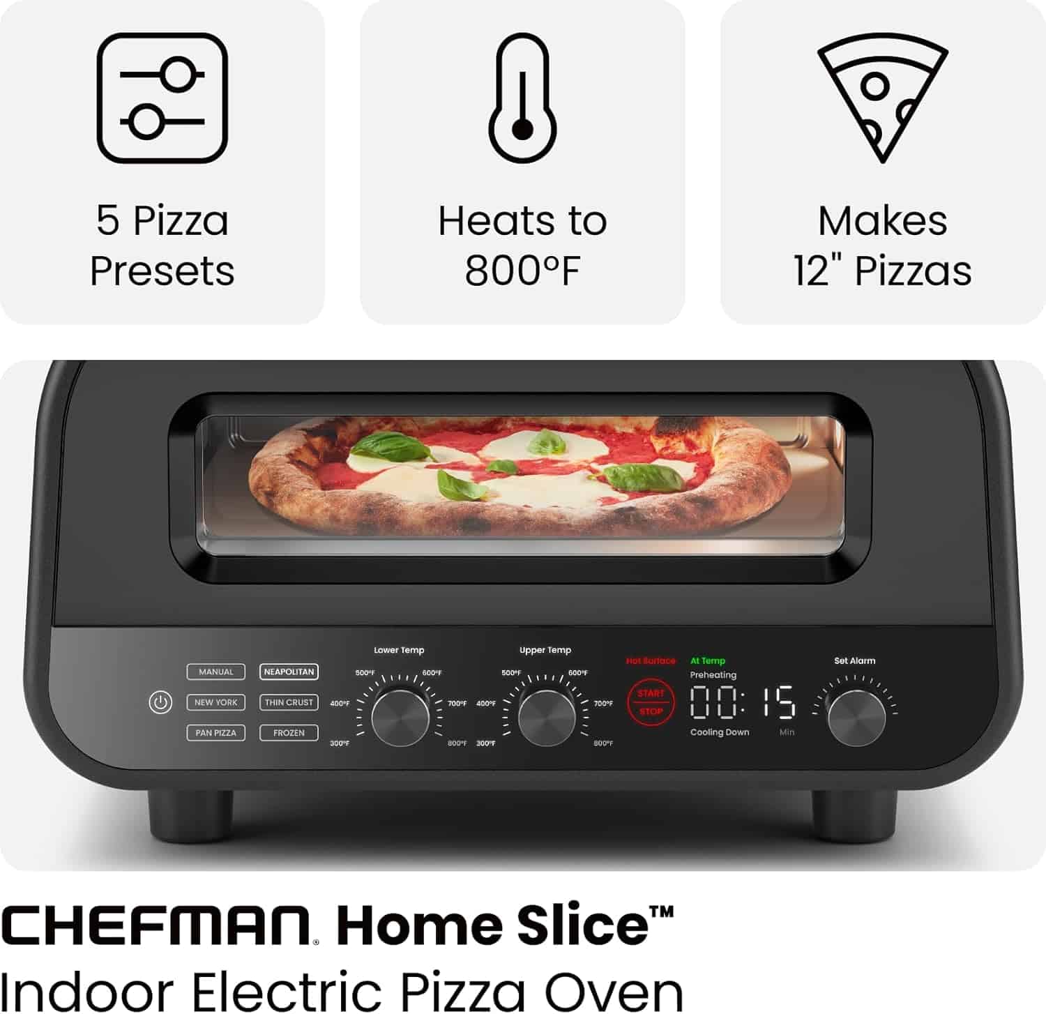 CHEFMAN Indoor Pizza Oven - Makes 12 Inch Pizzas in Minutes, Heats up to 800°F - Countertop Electric Pizza Maker - Stainless Black