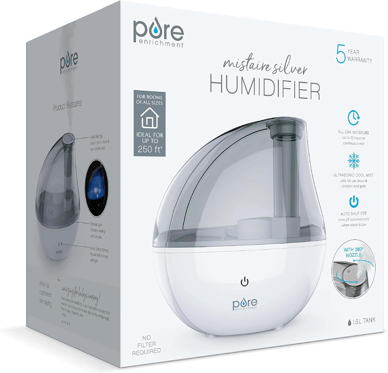 Pure Enrichment MistAire Silver Ultrasonic Cool Mist Humidifier for Bedroom, Office, Nursery & Indoor Plants