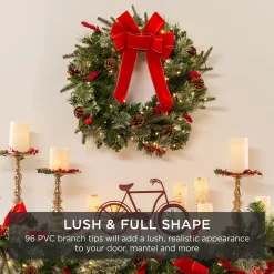 Best Choice Products 24in Pre-Lit Battery Powered Christmas Wreath Decoration w/ 70 Lights, 96 PVC Tips, Ribbons