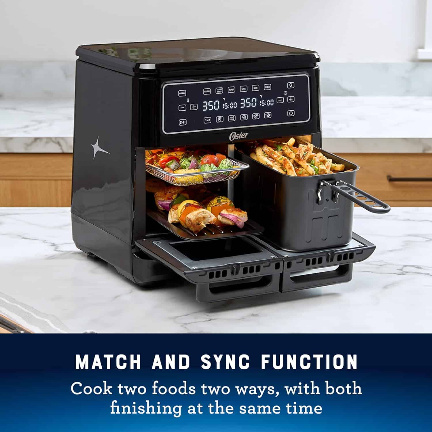 Oster 11-Quart Flex Air Fryer Oven, Dual Air Fryer with 2 Cooking Zones, Double Air Fryer with 6 Cooking Functions, Large Air Fryer with 2 Frying Baskets