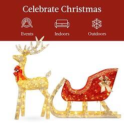 Best Choice Products Lighted Christmas 4ft Reindeer & Sleigh Outdoor Yard Decoration Set w/ 205 LED Lights, Stakes, Zip Ties - Gold