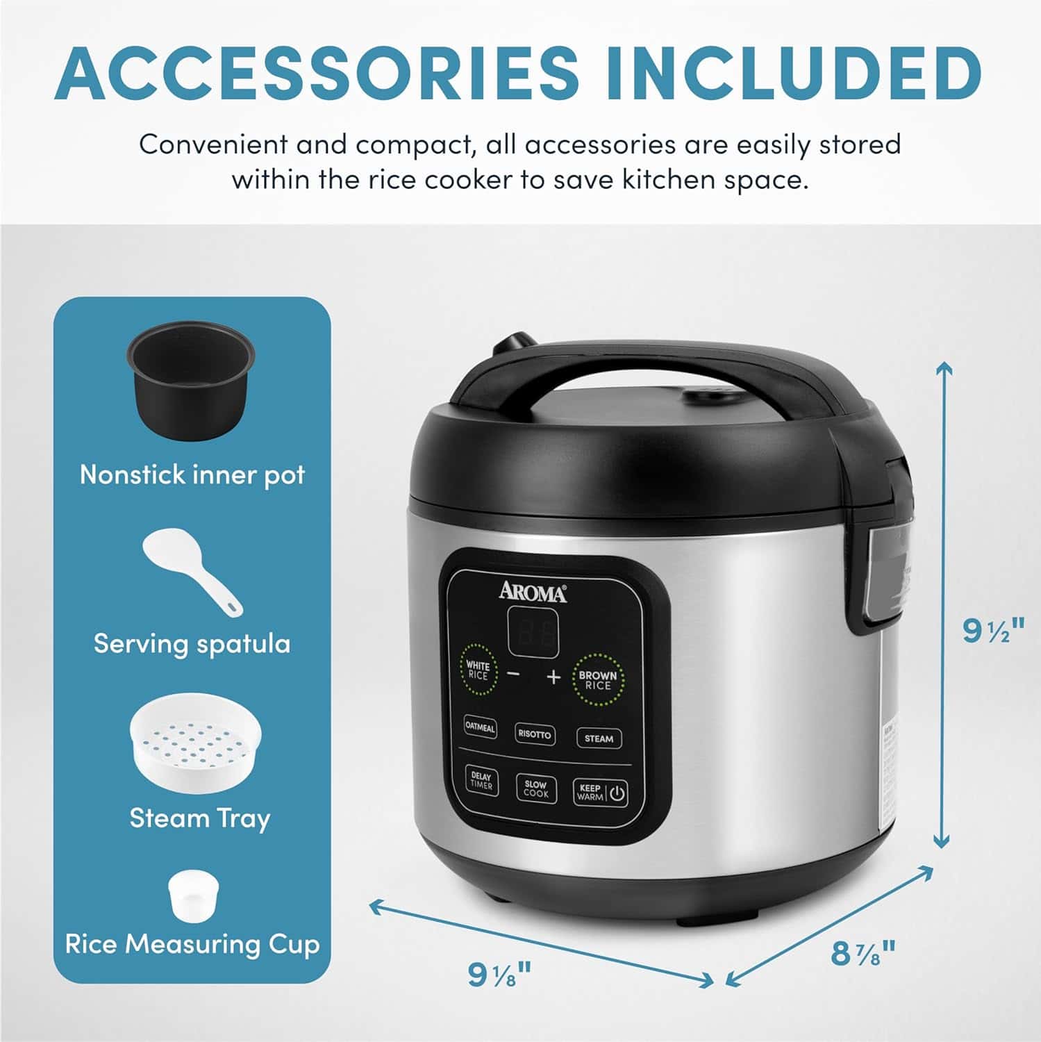 Aroma Housewares ARC-994SB Rice & Grain Cooker Slow Cook, Steam, Oatmeal, Risotto, 8-cup cooked/4-cup uncooked/2Qt, Stainless Steel