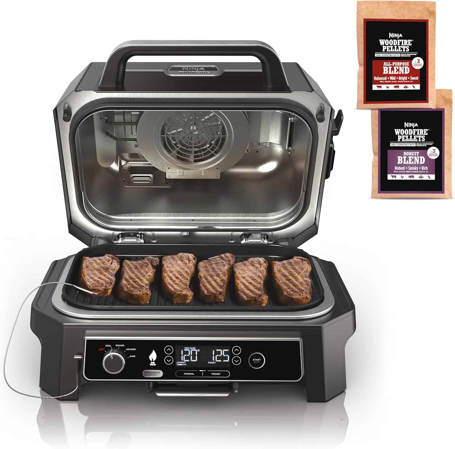 Ninja, Woodfire Pro XL Outdoor Grill & Smoker, Thermometer, 4-in-1 Master Grill, BBQ Smoker, Outdoor Air Fryer, Bake, Portable, Electric Grill, Dark Grey, OG850