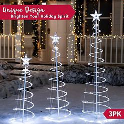 JOIEDOMI 3 Packs Christmas Spiral Tree Yard Light 218 Pre-Lit LED Cool White Lights with Metal Stakes