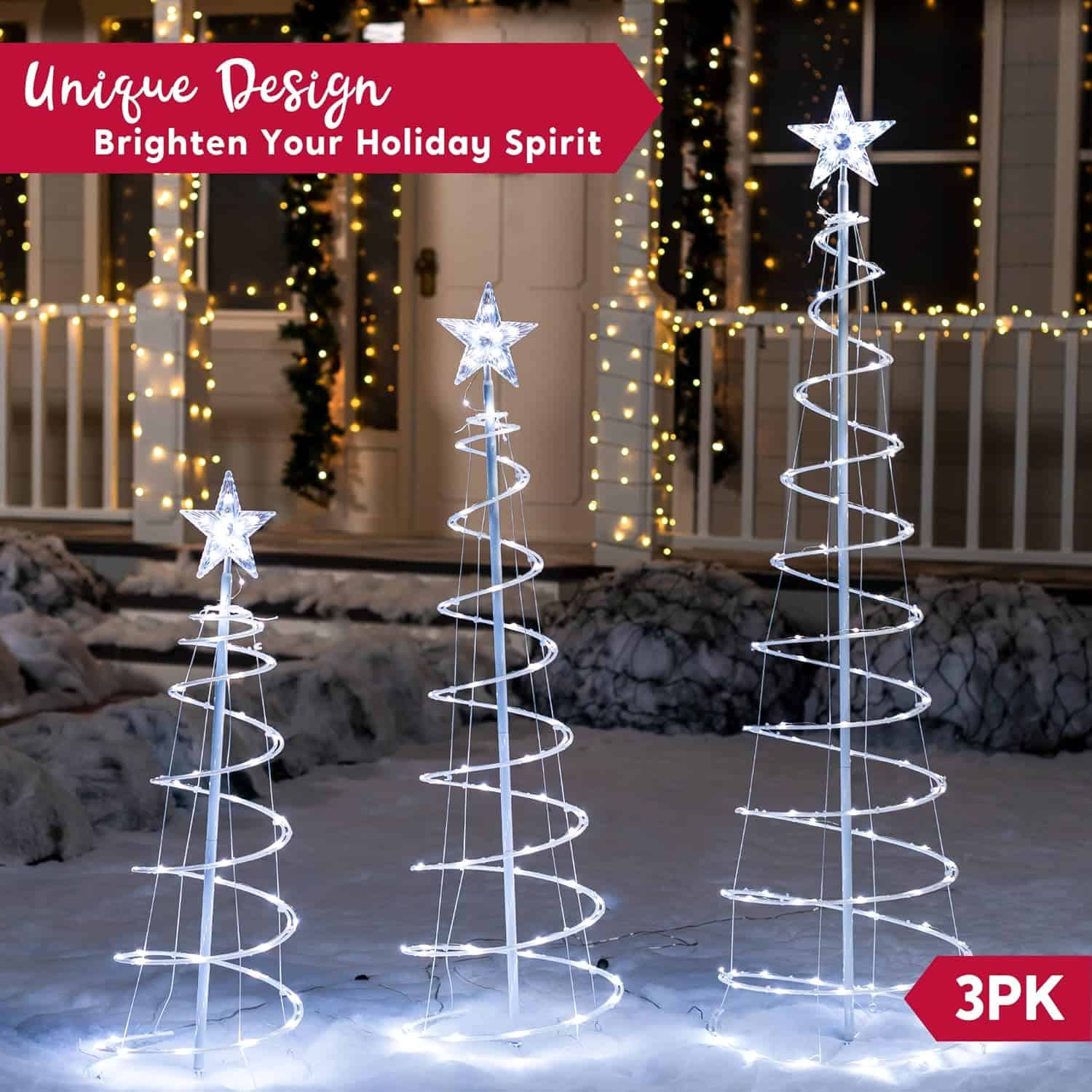 JOIEDOMI 3 Packs Christmas Spiral Tree Yard Light 218 Pre-Lit LED Cool White Lights with Metal Stakes