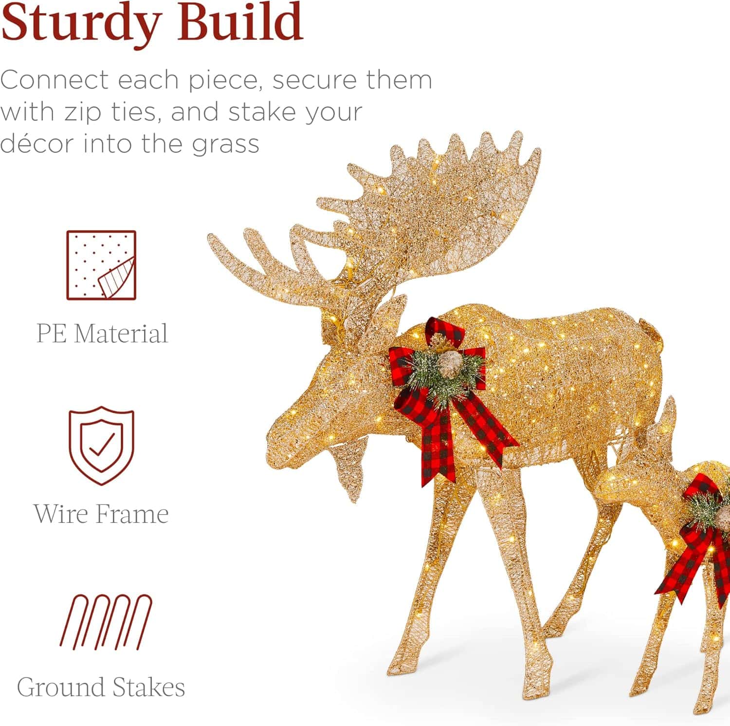 Best Choice Products 2-Piece Moose Family, Lighted Outdoor All-Weather Christmas Yard Decoration Light-Up Décor Set - Gold