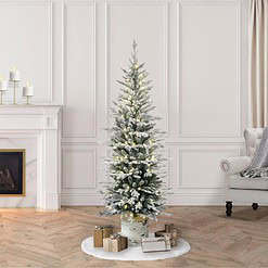 Puleo International Pre-Lit Potted Flocked Arctic Fir Pencil Artifical Artificial Christmas Tree, Green