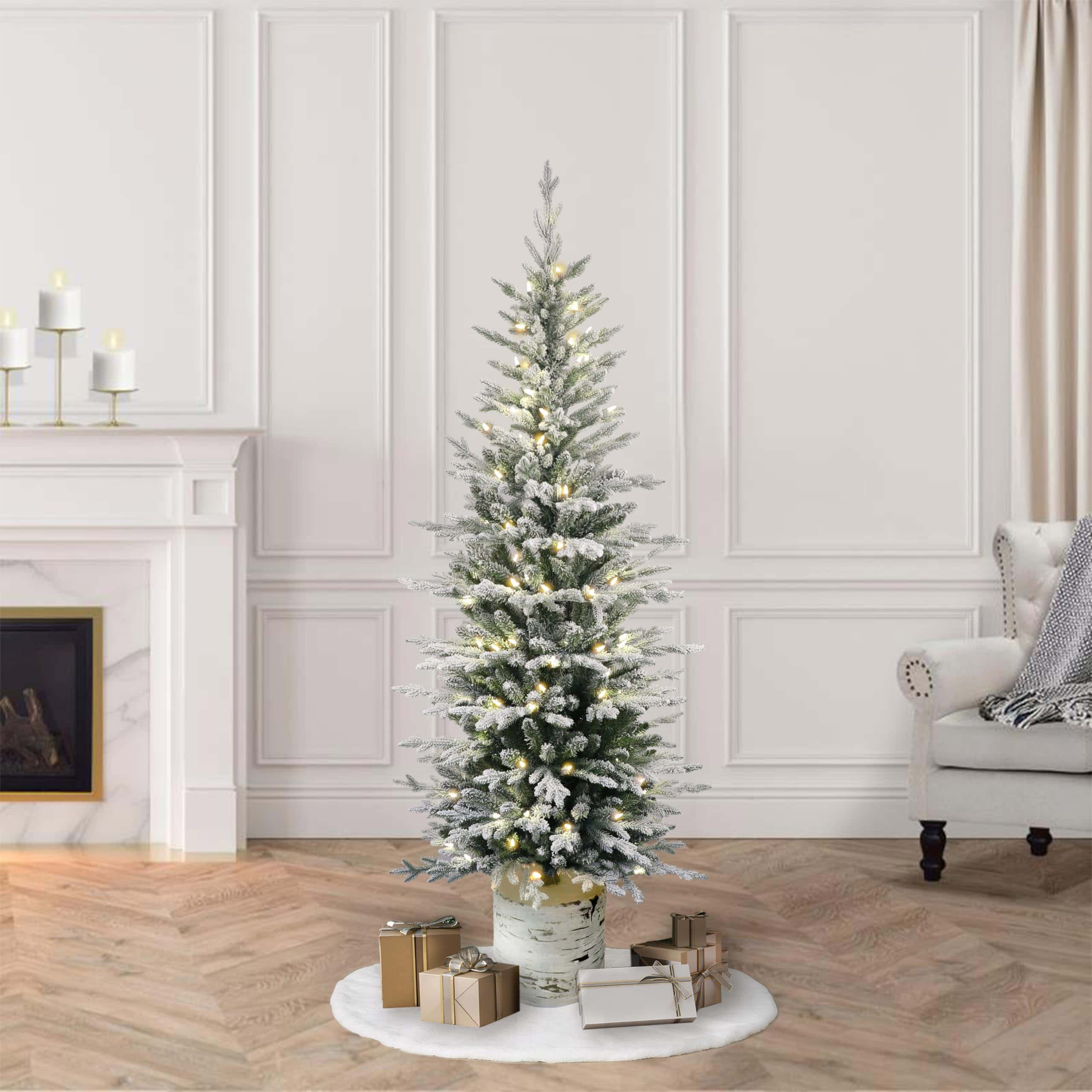 Puleo International Pre-Lit Potted Flocked Arctic Fir Pencil Artifical Artificial Christmas Tree, Green
