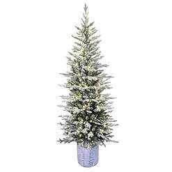 Puleo International Pre-Lit Potted Flocked Arctic Fir Pencil Artifical Artificial Christmas Tree, Green