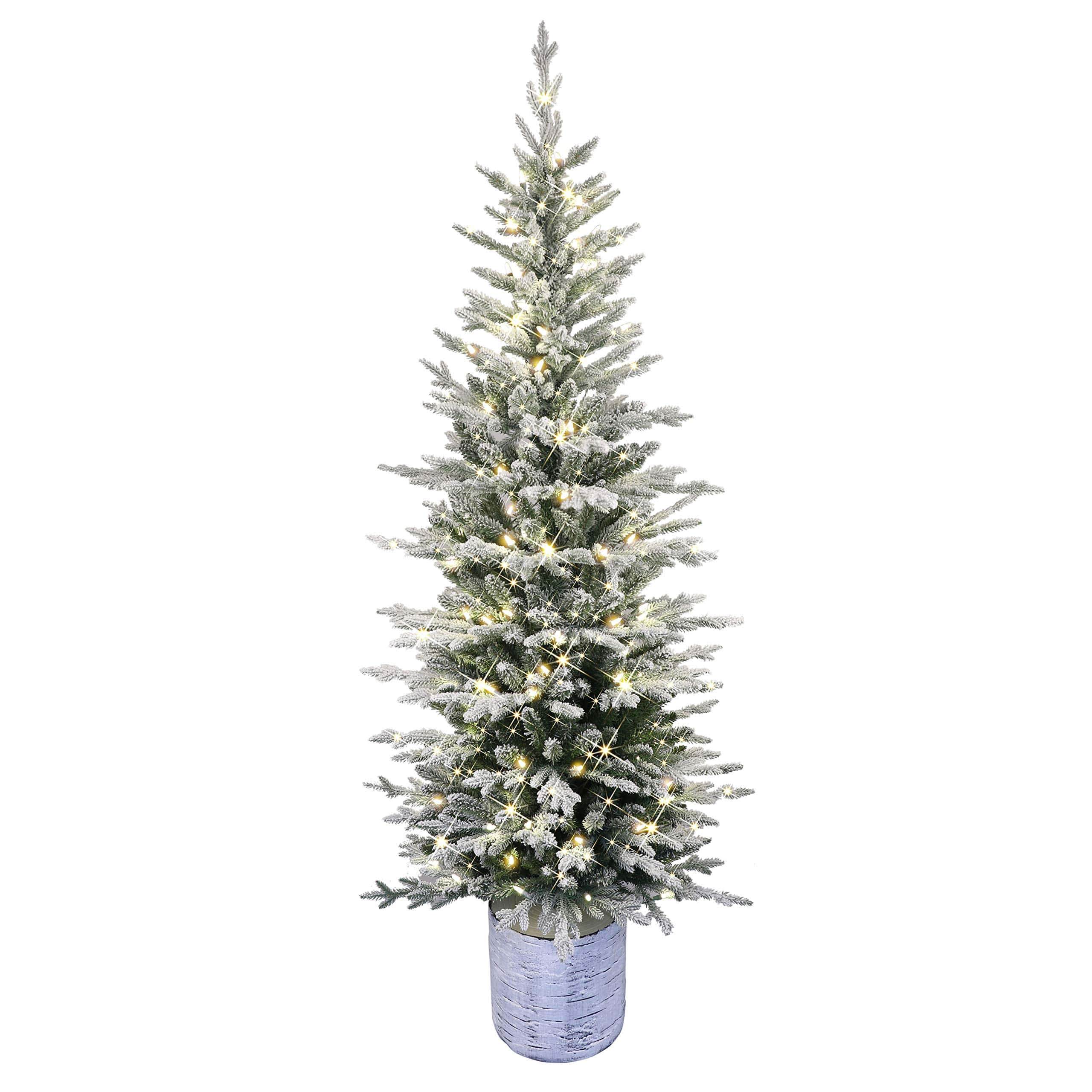 Puleo International Pre-Lit Potted Flocked Arctic Fir Pencil Artifical Artificial Christmas Tree, Green