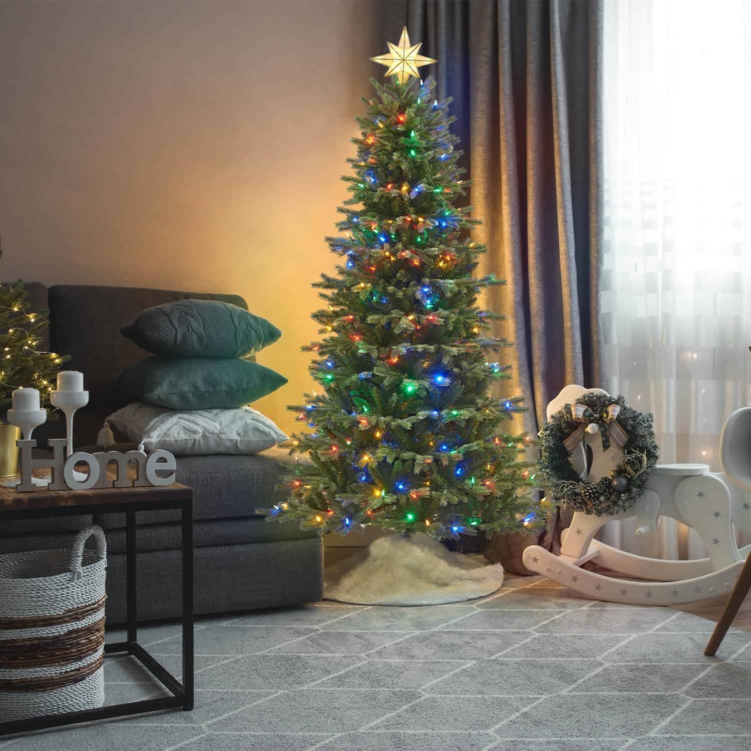 Honeywell 6.5 ft Pre-Lit Christmas Tree with 2064 PVC/PE Tips, Churchill Pine Artificial Christmas Tree with 300 Color Changing LEDs
