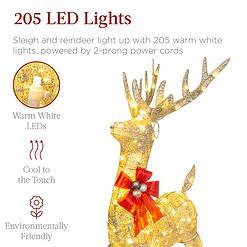 Best Choice Products Lighted Christmas 4ft Reindeer & Sleigh Outdoor Yard Decoration Set w/ 205 LED Lights, Stakes, Zip Ties - Gold