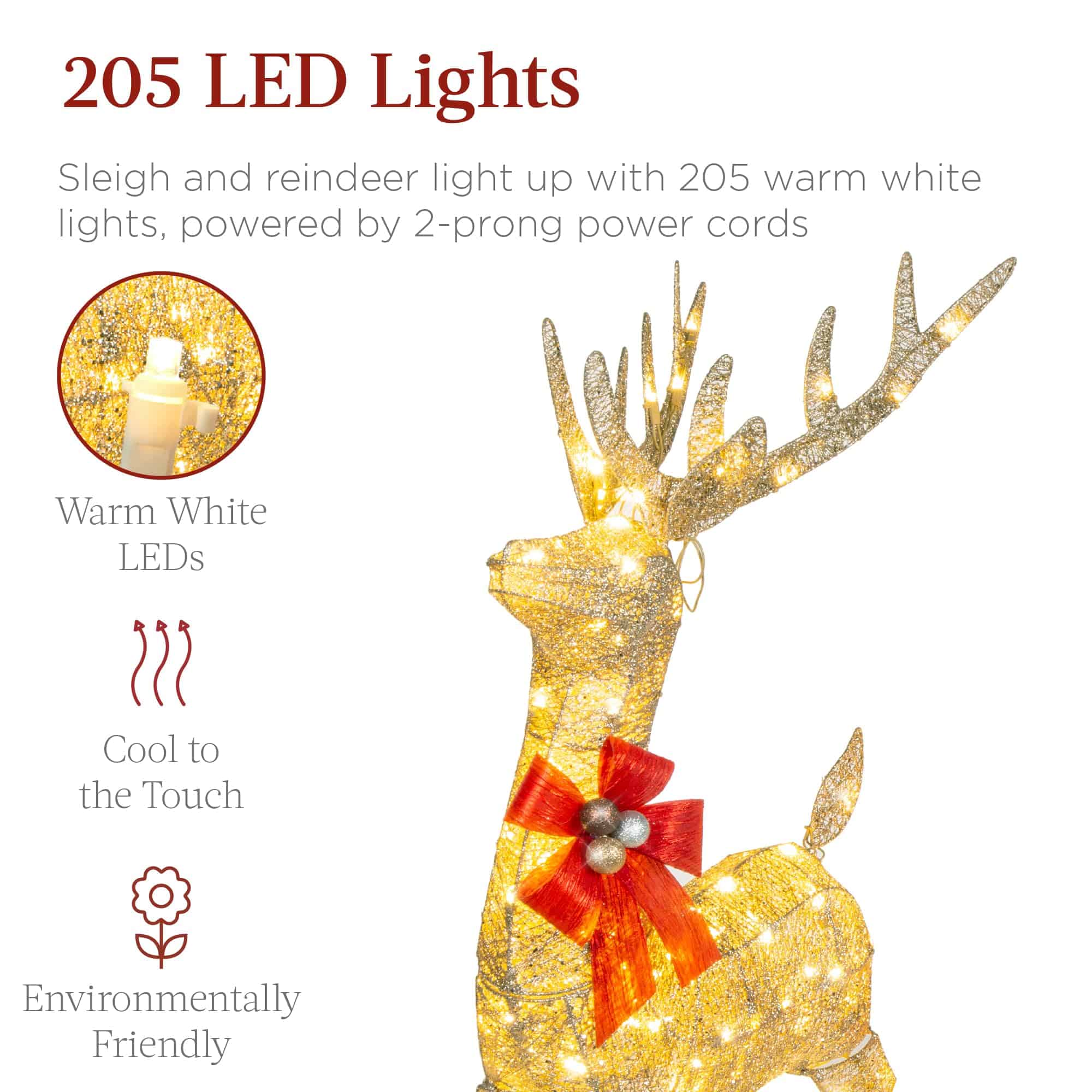 Best Choice Products Lighted Christmas 4ft Reindeer & Sleigh Outdoor Yard Decoration Set w/ 205 LED Lights, Stakes, Zip Ties - Gold