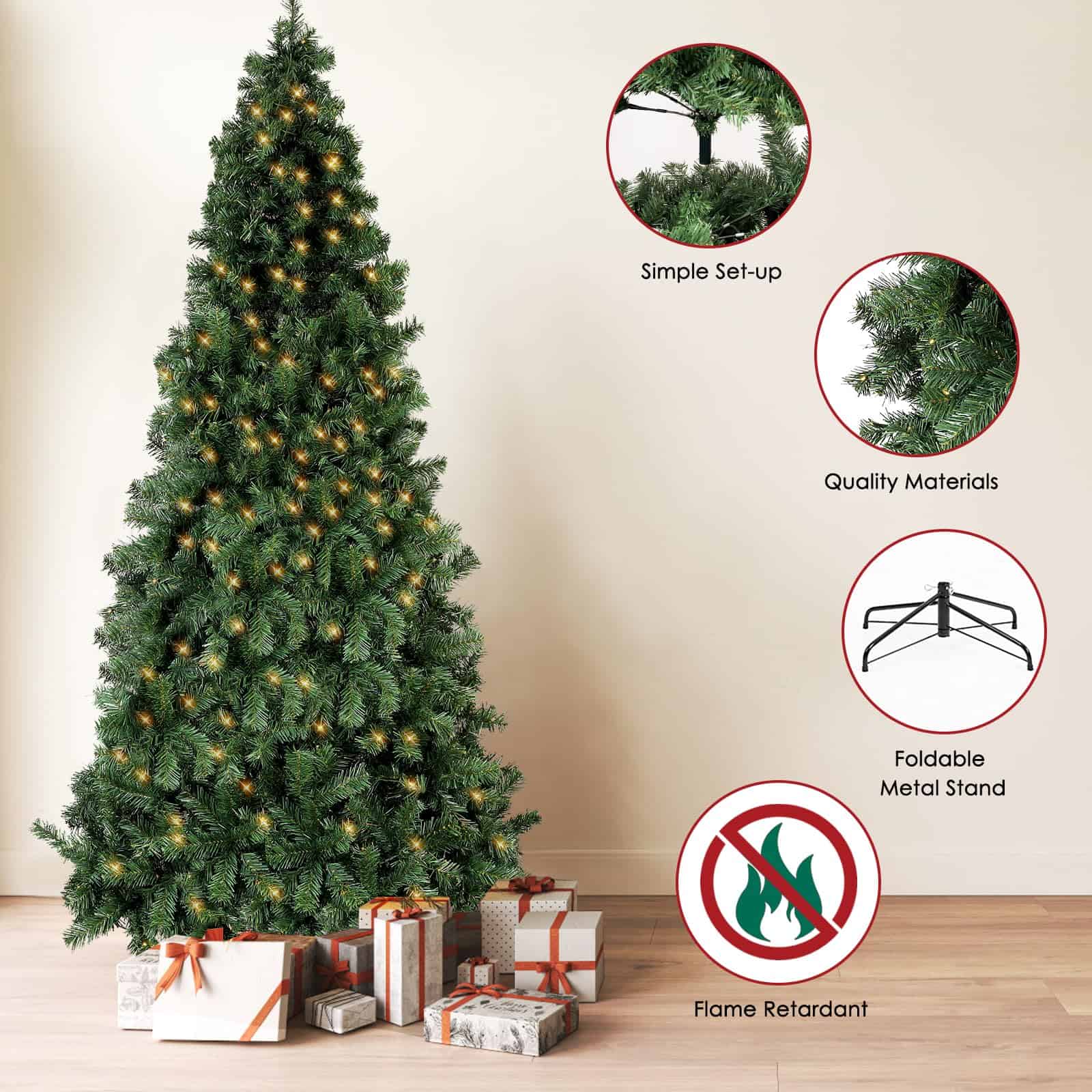 6.5ft Pre-Lit Artificial Holiday Christmas Spruce Tree for Home, Office, Party Decoration 750-Branch&250 Warm White Lights Tips