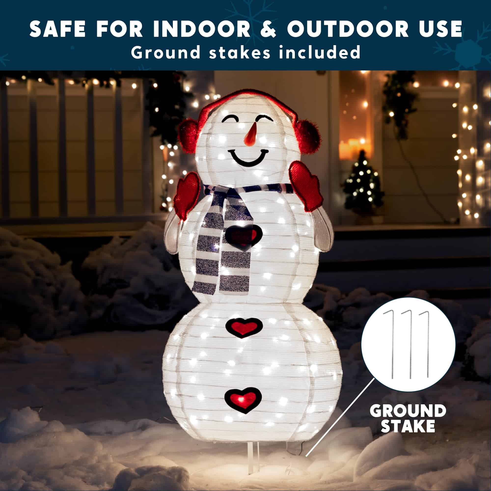 JOIEDOMI 3FT 3D Christmas Collapsible Snowman with Earmuff Yard Light Decorations 120 Pre-Lit LED Warm White Lights