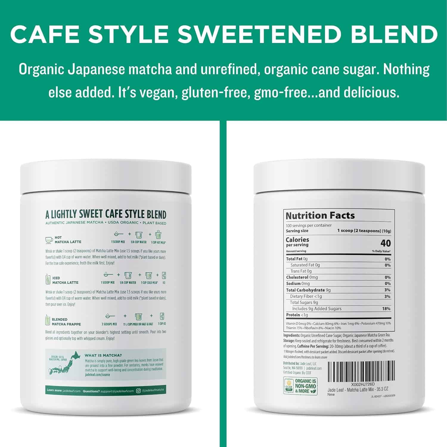 Jade Leaf Matcha Organic Cafe Style Sweetened Matcha Latte Green Tea Powder, Premium Barista Crafted Mix - Authentically Japanese (2.2 Pound Tin)
