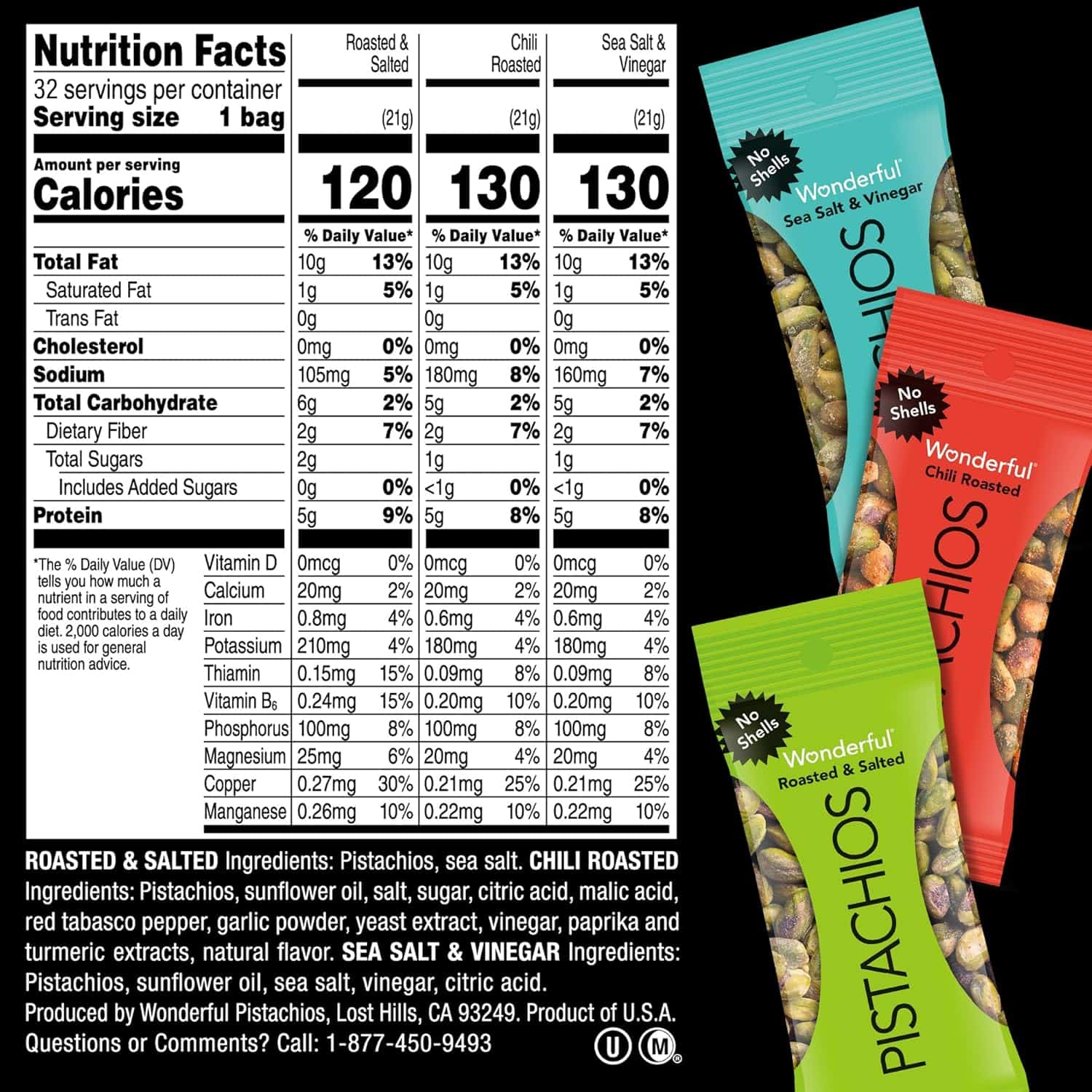 Wonderful Pistachios No Shells, 3 Flavors Mixed Variety Pack of 32 (0.75 Ounce), Office Snacks, Bulk Snacks