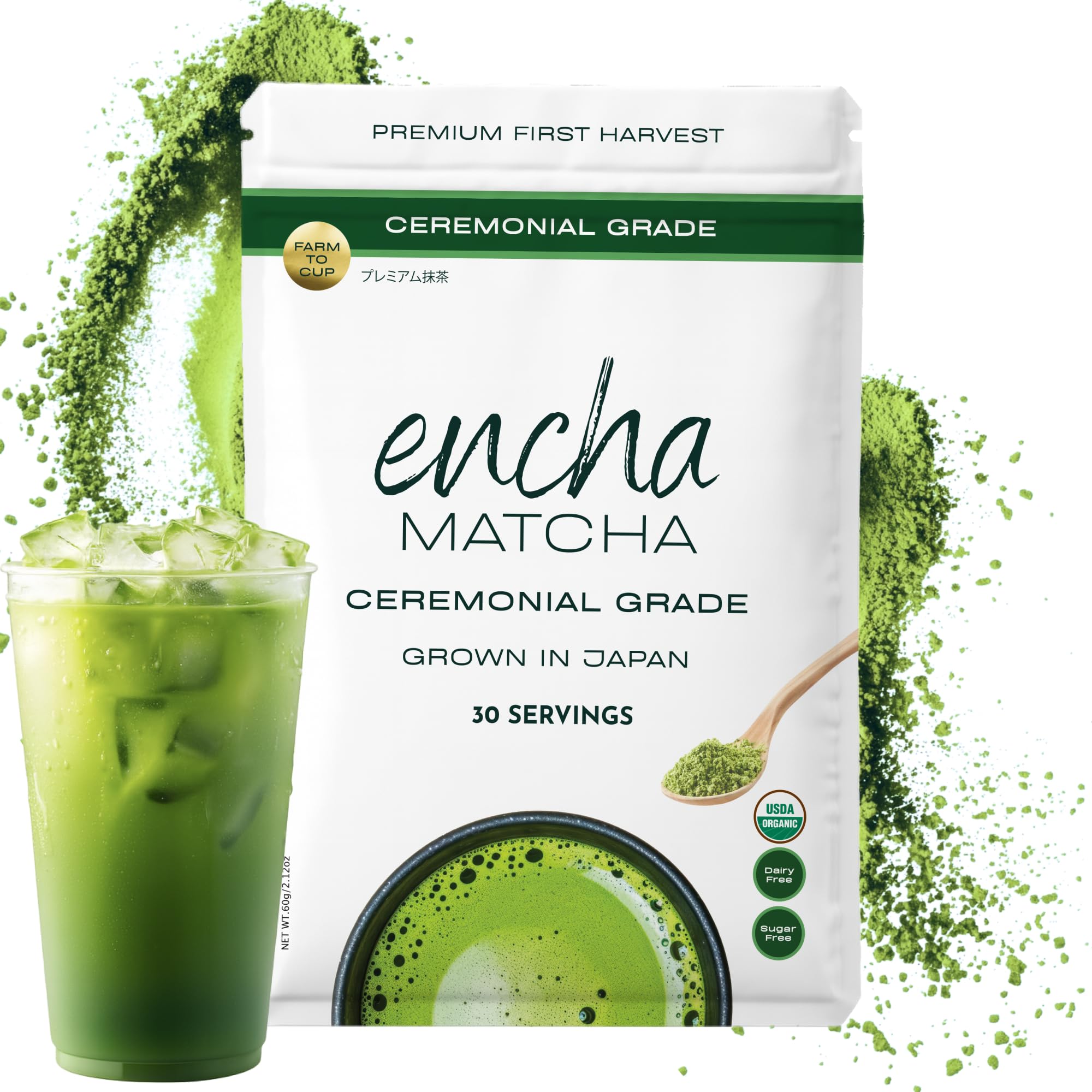 Encha Ceremonial Grade Matcha Powder - First Harvest Organic Japanese Matcha Green Tea Powder, From Uji, Japan (60g/2.12oz)