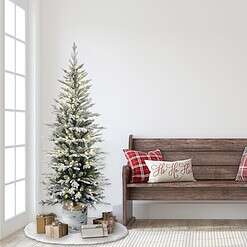 Puleo International Pre-Lit Potted Flocked Arctic Fir Pencil Artifical Artificial Christmas Tree, Green