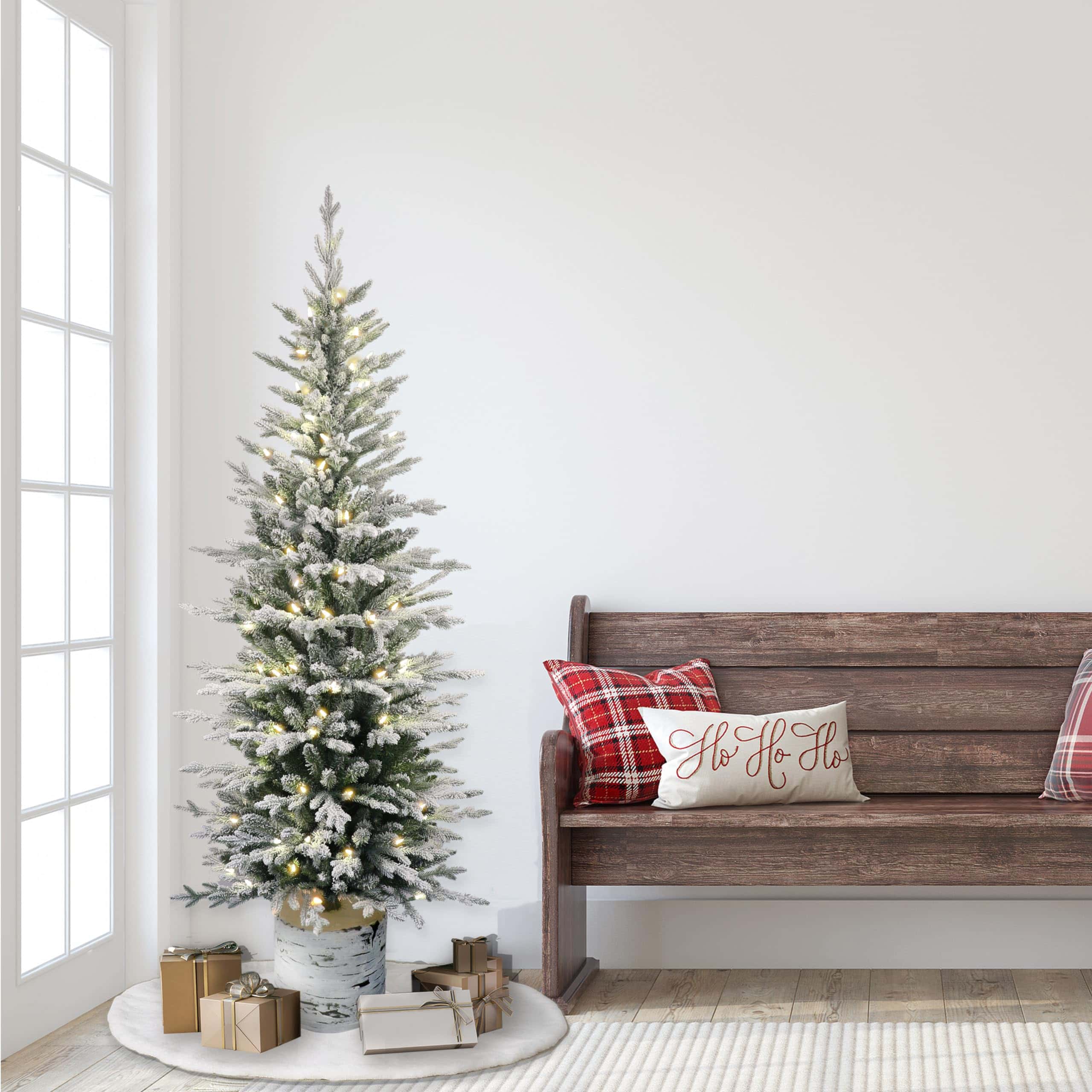 Puleo International Pre-Lit Potted Flocked Arctic Fir Pencil Artifical Artificial Christmas Tree, Green