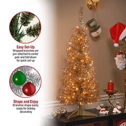 National Tree Company Pre-Lit Artificial Christmas Tree, Champagne Gold Tinsel, White Lights, Includes Stand, 4 feet