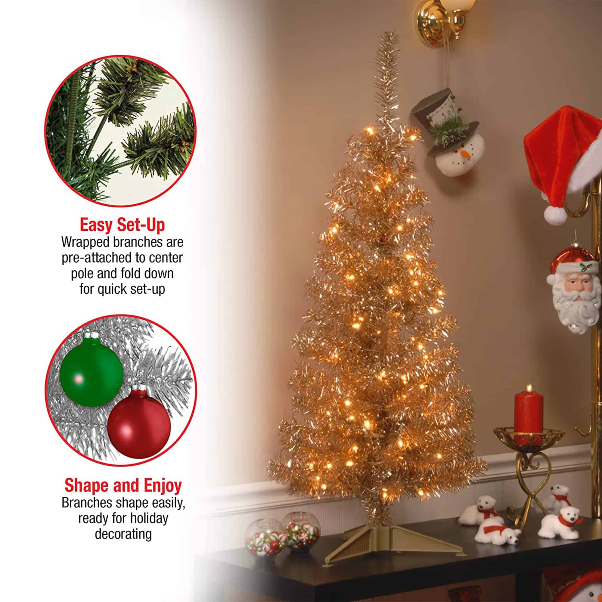 National Tree Company Pre-Lit Artificial Christmas Tree, Champagne Gold Tinsel, White Lights, Includes Stand, 4 feet