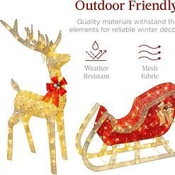 Best Choice Products Lighted Christmas 4ft Reindeer & Sleigh Outdoor Yard Decoration Set w/ 205 LED Lights, Stakes, Zip Ties - Gold