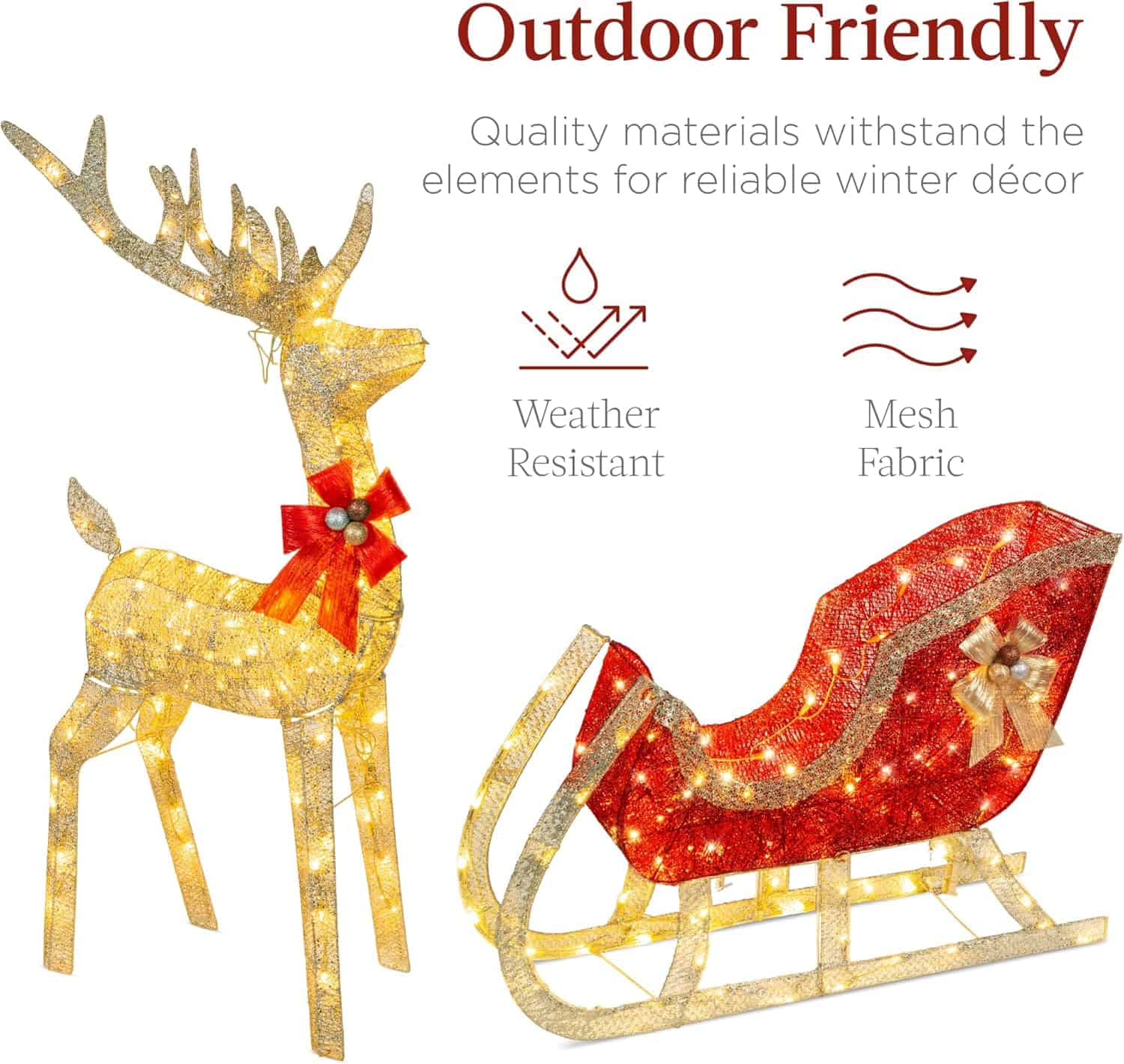 Best Choice Products Lighted Christmas 4ft Reindeer & Sleigh Outdoor Yard Decoration Set w/ 205 LED Lights, Stakes, Zip Ties - Gold