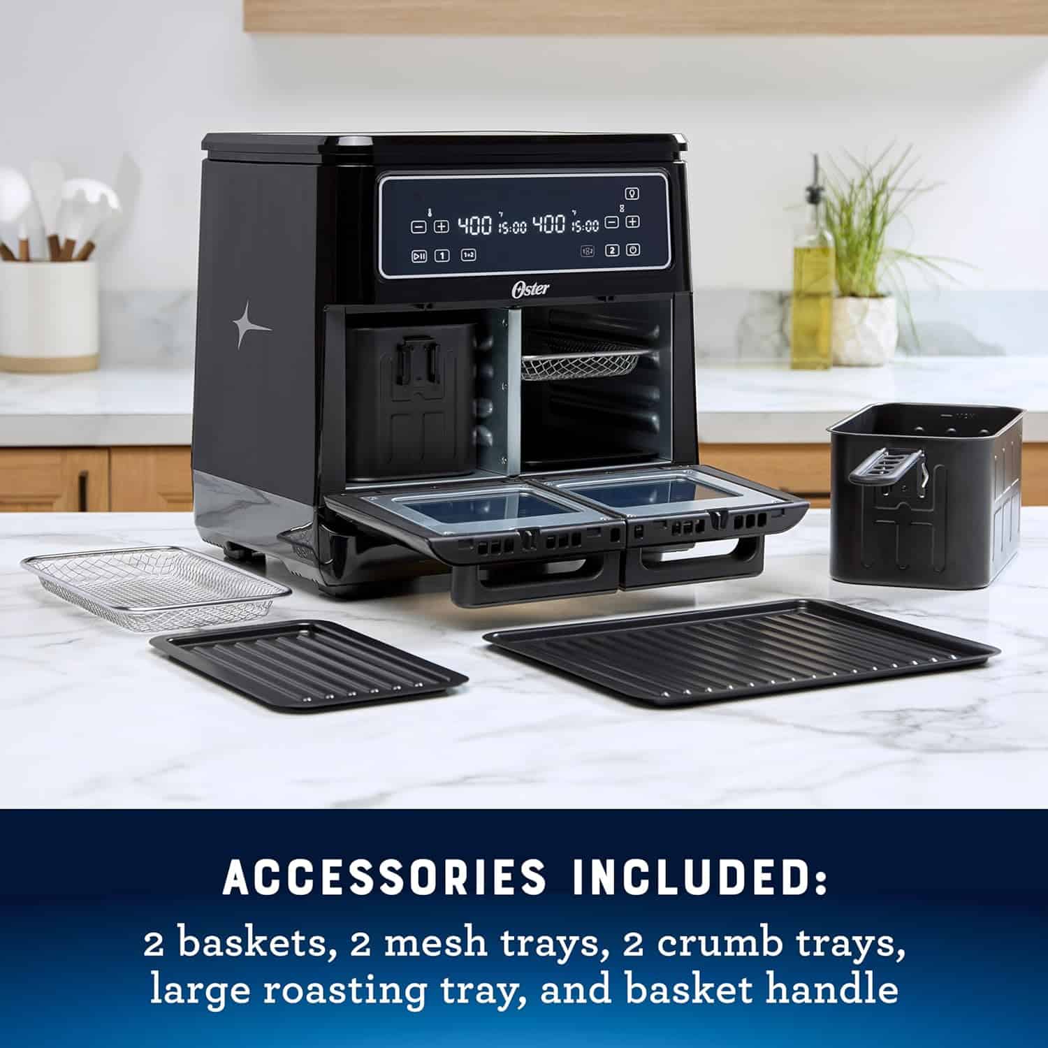 Oster 11-Quart Flex Air Fryer Oven, Dual Air Fryer with 2 Cooking Zones, Double Air Fryer with 6 Cooking Functions, Large Air Fryer with 2 Frying Baskets