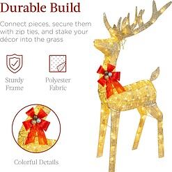 Best Choice Products Lighted Christmas 4ft Reindeer & Sleigh Outdoor Yard Decoration Set w/ 205 LED Lights, Stakes, Zip Ties - Gold