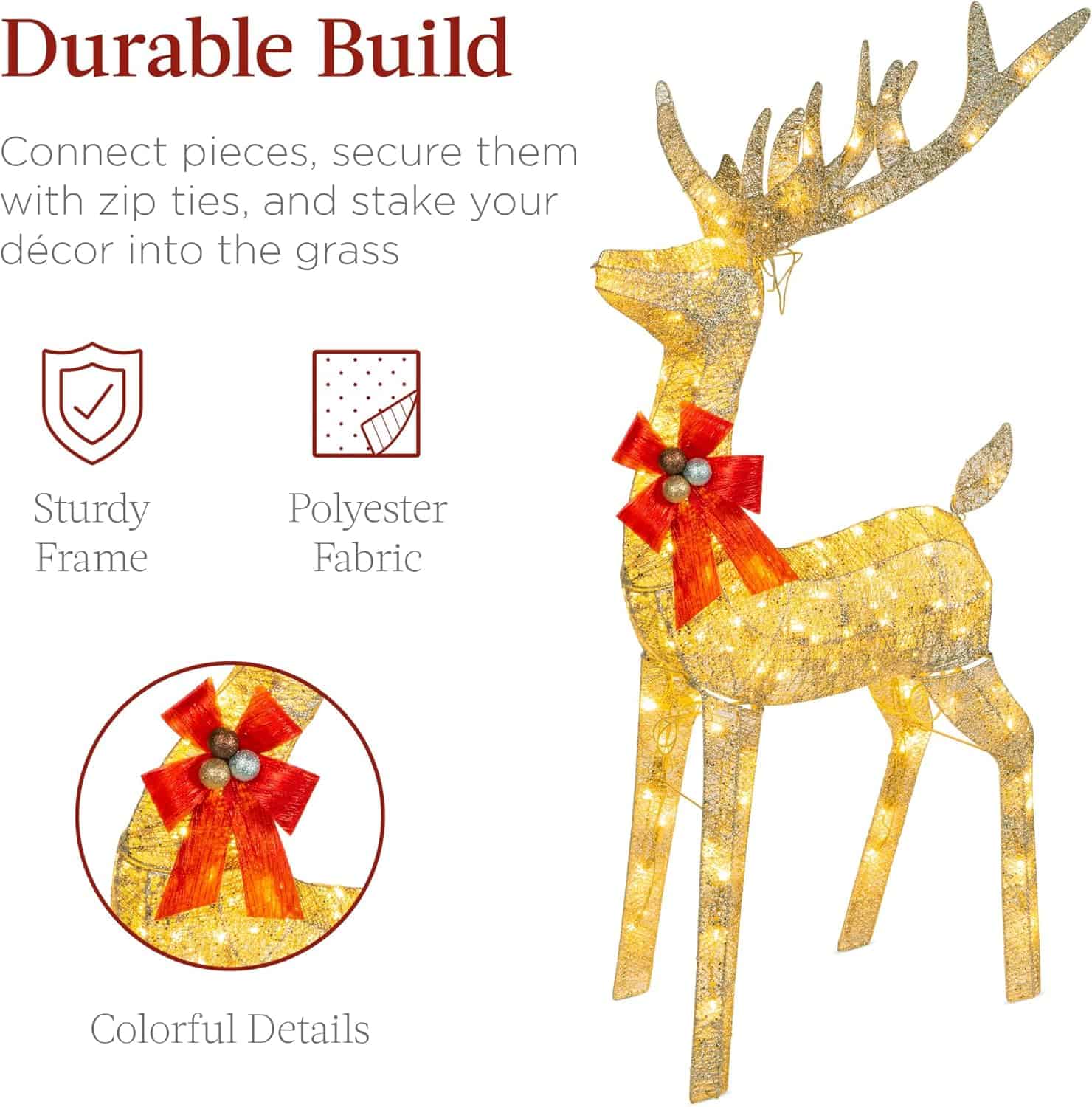 Best Choice Products Lighted Christmas 4ft Reindeer & Sleigh Outdoor Yard Decoration Set w/ 205 LED Lights, Stakes, Zip Ties - Gold
