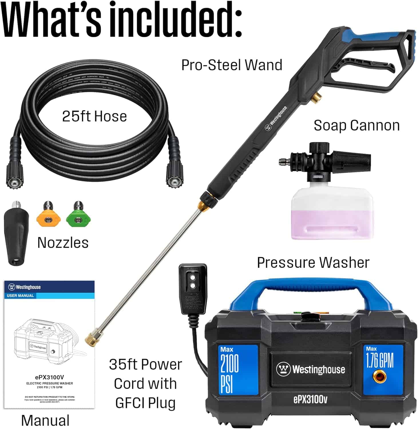 Westinghouse ePX3100v Electric Pressure Washer, 2100 Max PSI 1.76 Max GPM