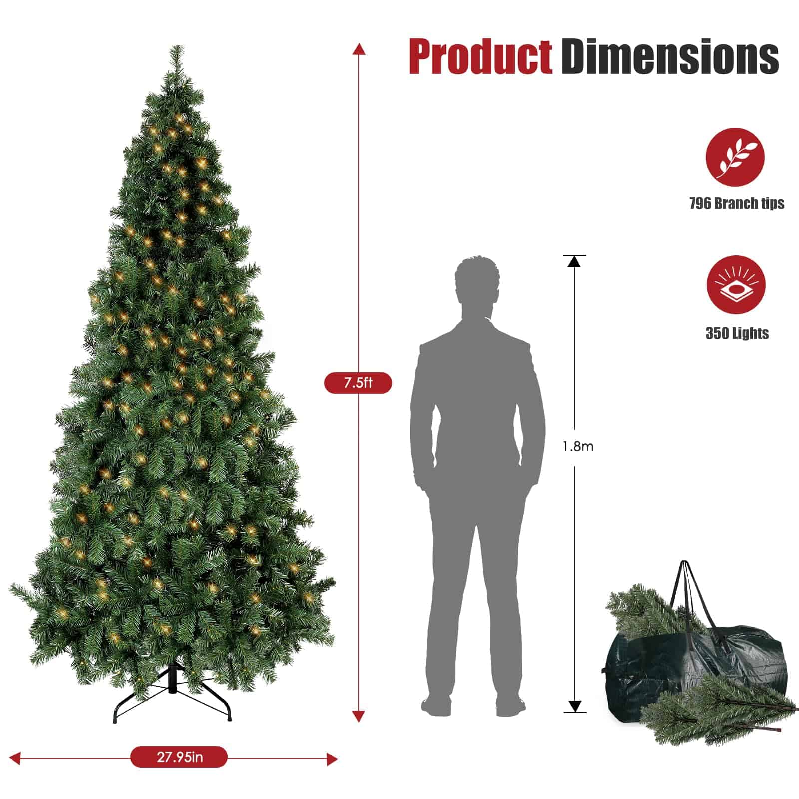 6.5ft Pre-Lit Artificial Holiday Christmas Spruce Tree for Home, Office, Party Decoration 750-Branch&250 Warm White Lights Tips