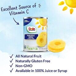 Dole Canned Fruit, Pineapple Slices in Heavy Syrup, Gluten Free, Pantry Staples, 20 Oz, 12 Count, Packaging May Vary