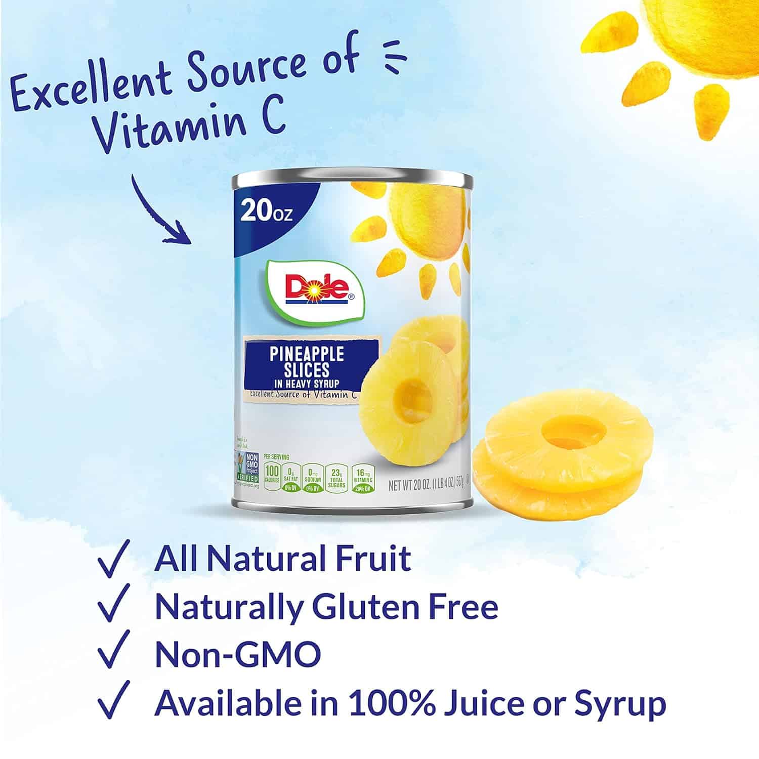 Dole Canned Fruit, Pineapple Slices in Heavy Syrup, Gluten Free, Pantry Staples, 20 Oz, 12 Count, Packaging May Vary