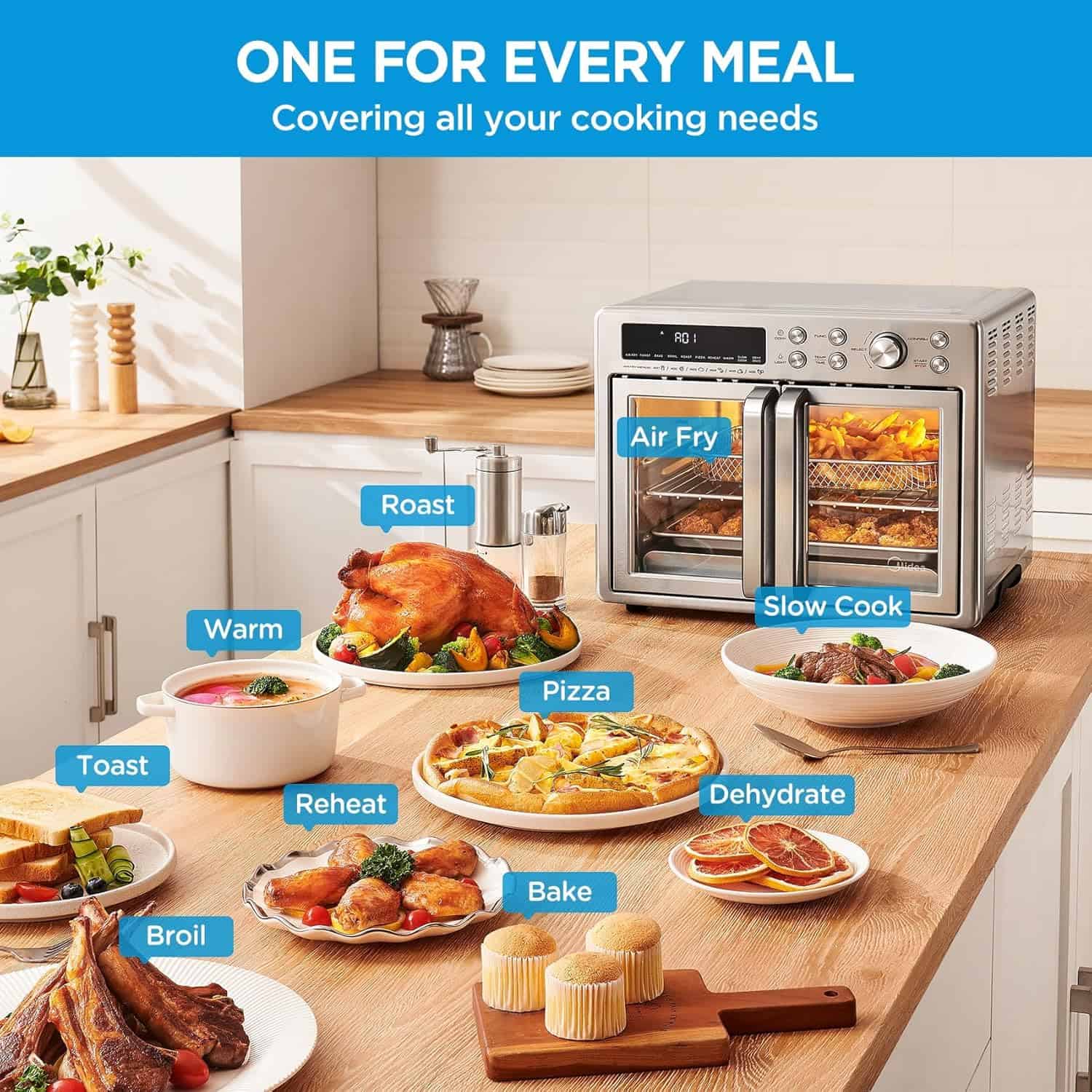 Midea Flexify French Door Toaster Oven Air Fryer Combo, 26.4 QT, Extra Large Air Fryer Countertop Oven 10-in-1 Combo, Stainless Steel
