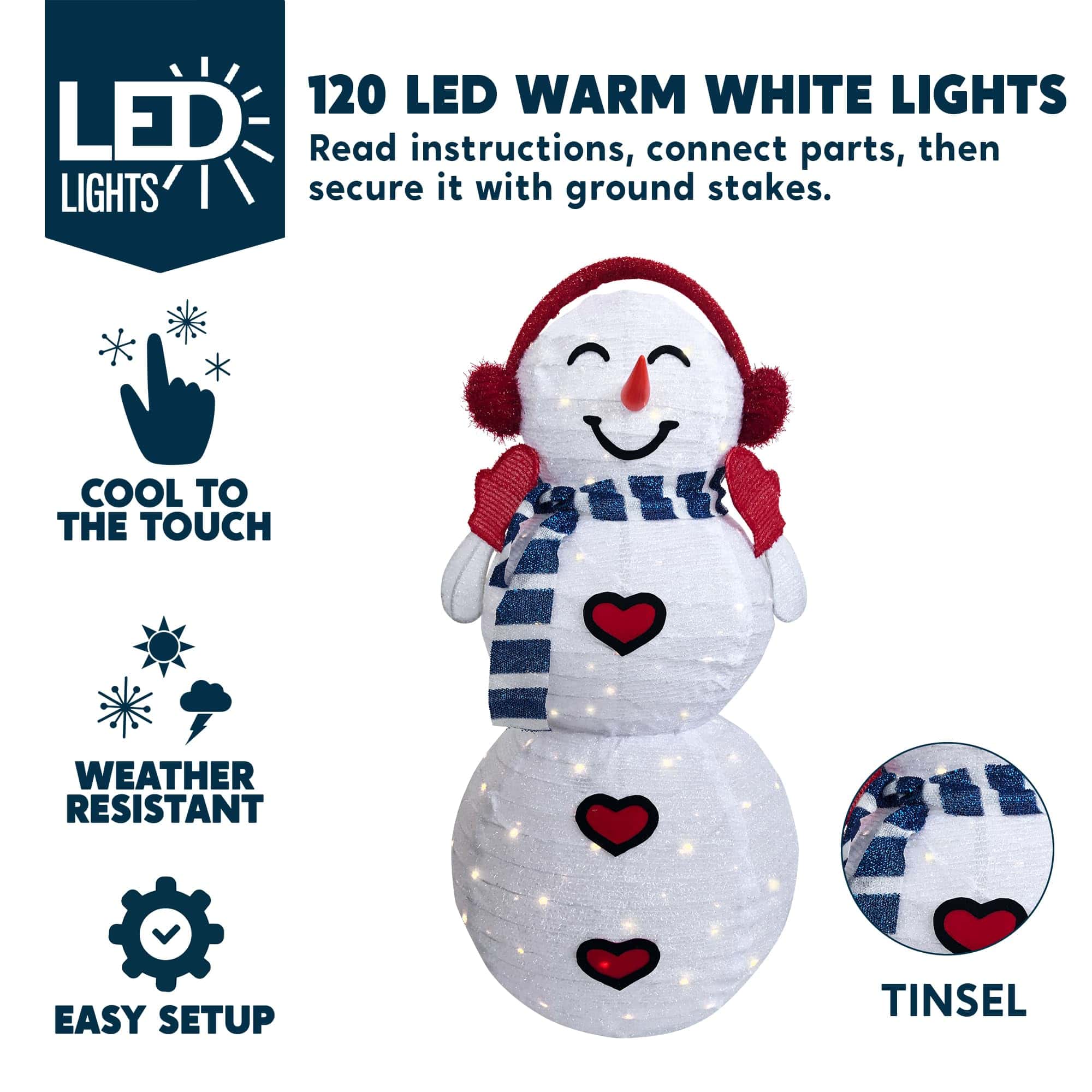JOIEDOMI 3FT 3D Christmas Collapsible Snowman with Earmuff Yard Light Decorations 120 Pre-Lit LED Warm White Lights