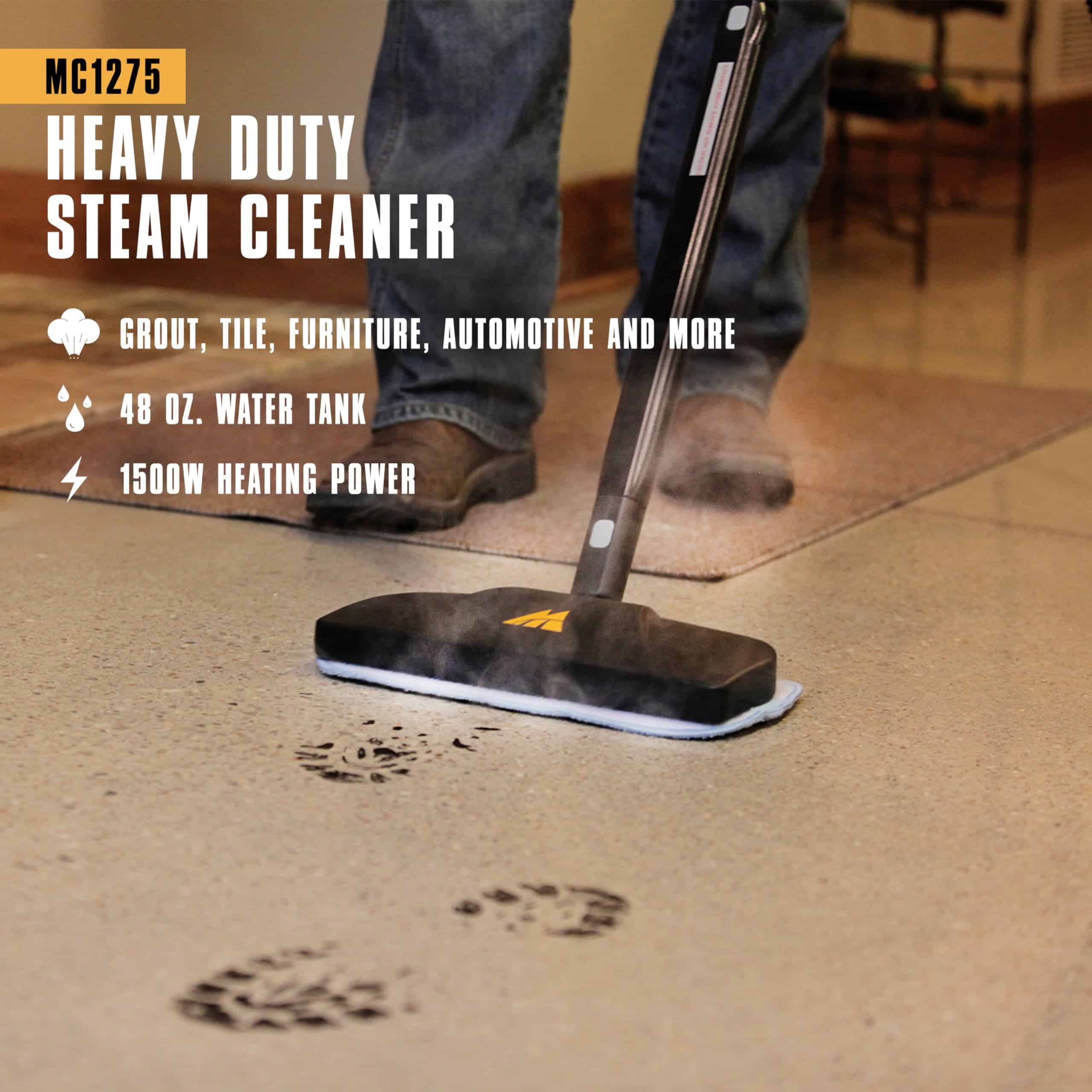 McCulloch MC1275 Heavy-Duty Steam Cleaner with 18 Accessories, Extra-Long Power Cord, Yellow/Grey