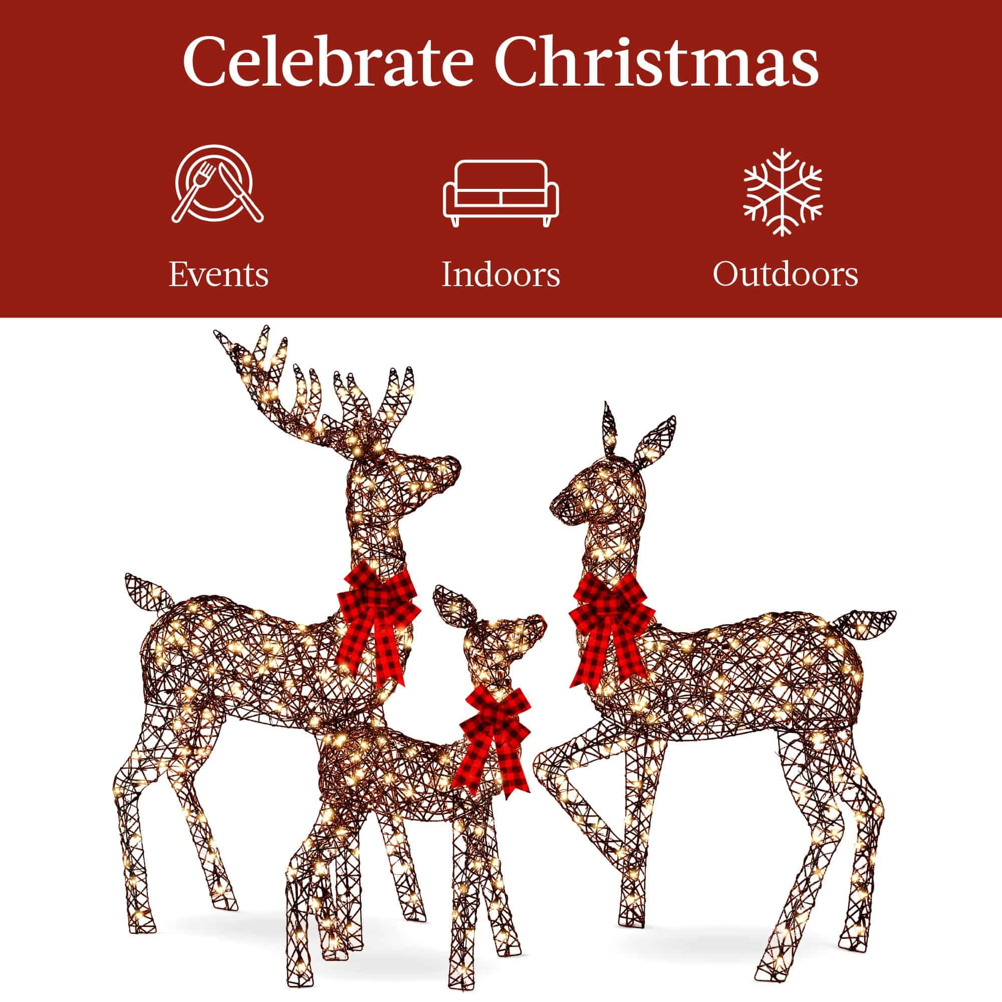Best Choice Products 6.5ft 3-Piece Large Lighted Christmas Deer Family Set, Outdoor Yard Decoration - Rattan