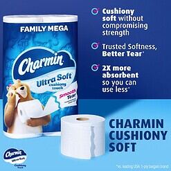 Charmin Toilet Paper Ultra Soft Cushiony Touch, 30 Family Mega Rolls = 153 Regular Rolls