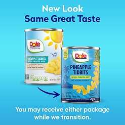 Dole Canned Fruit, Pineapple Tidbits in 100% Pineapple Juice, Gluten Free, Pantry Staples, 20 Oz, 12 Count, Packaging May Vary