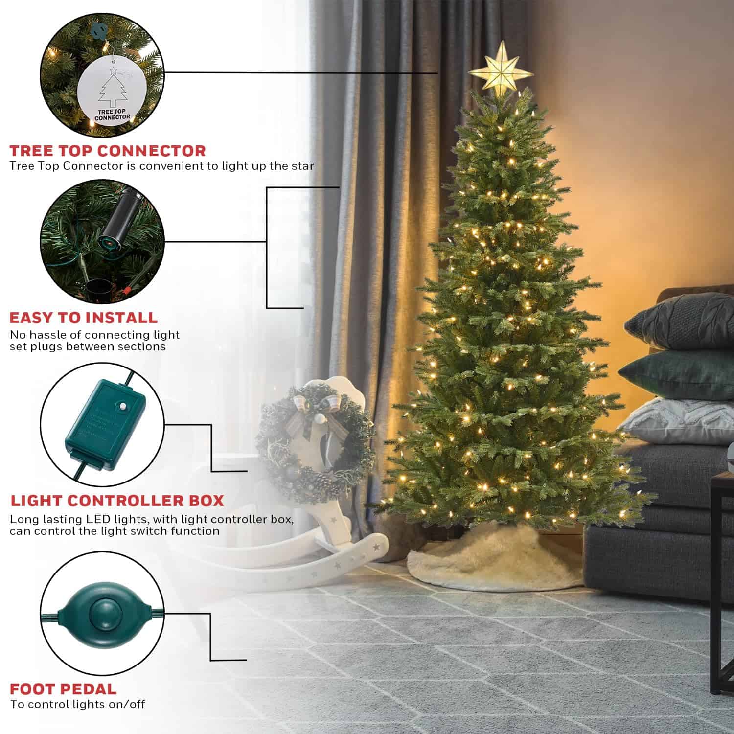 Honeywell 6.5 ft Pre-Lit Christmas Tree with 2064 PVC/PE Tips, Churchill Pine Artificial Christmas Tree with 300 Color Changing LEDs