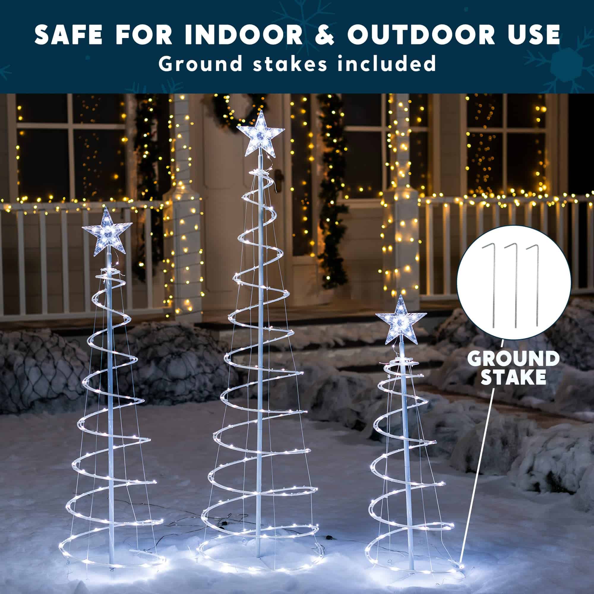 JOIEDOMI 3 Packs Christmas Spiral Tree Yard Light 218 Pre-Lit LED Cool White Lights with Metal Stakes