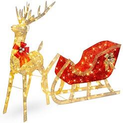 Best Choice Products Lighted Christmas 4ft Reindeer & Sleigh Outdoor Yard Decoration Set w/ 205 LED Lights, Stakes, Zip Ties - Gold