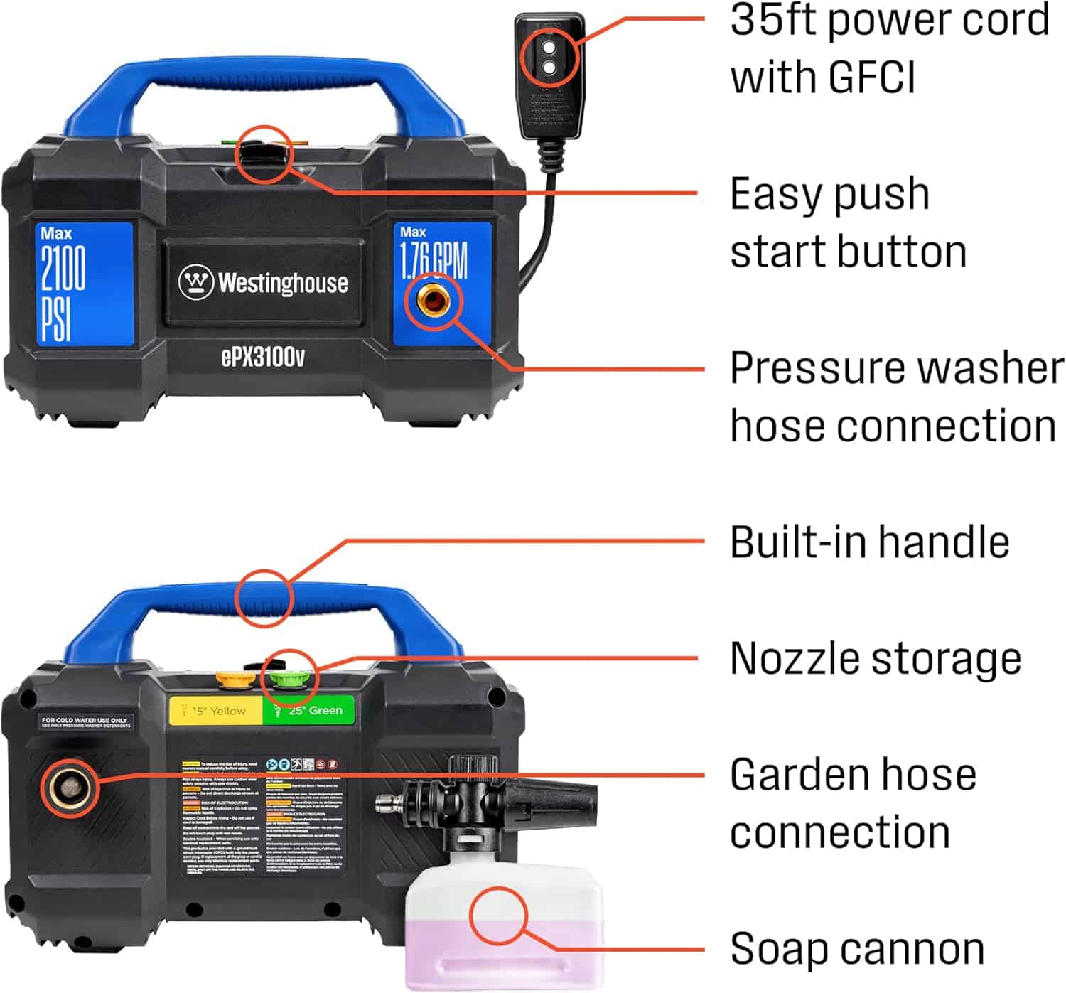 Westinghouse ePX3100v Electric Pressure Washer, 2100 Max PSI 1.76 Max GPM