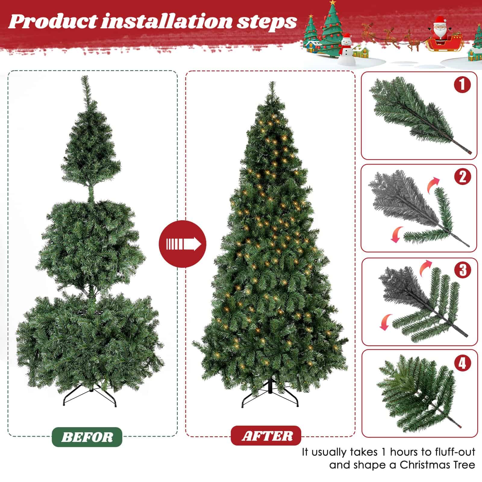6.5ft Pre-Lit Artificial Holiday Christmas Spruce Tree for Home, Office, Party Decoration 750-Branch&250 Warm White Lights Tips
