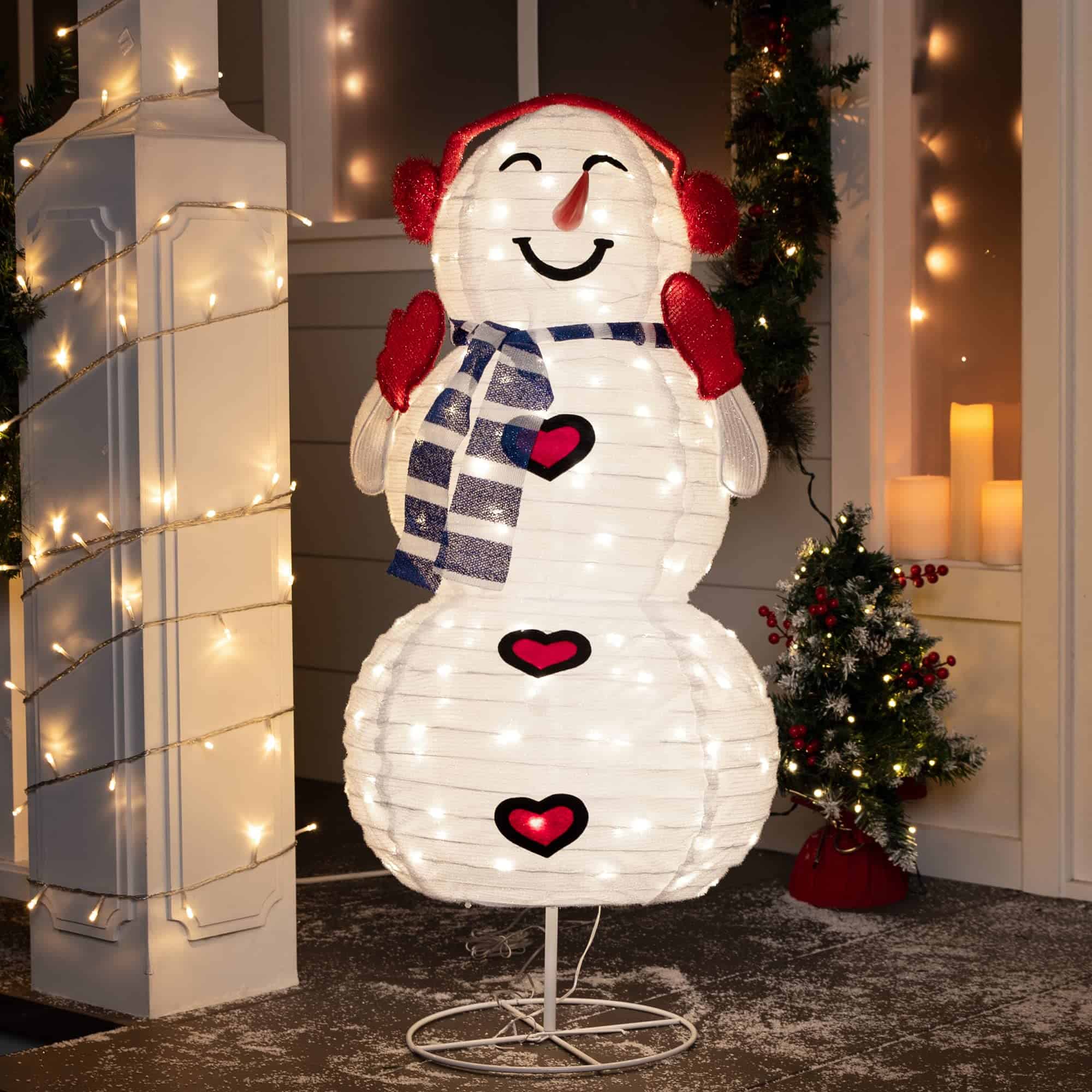 JOIEDOMI 3FT 3D Christmas Collapsible Snowman with Earmuff Yard Light Decorations 120 Pre-Lit LED Warm White Lights